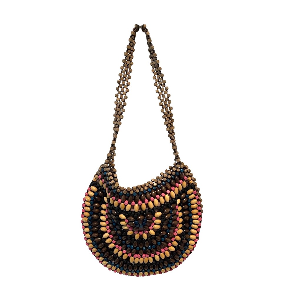 The Sak Beaded Shoulder Bag Womens Medium Multi Color Boho Wood Bead Mosaic Zip - Picture 1 of 10